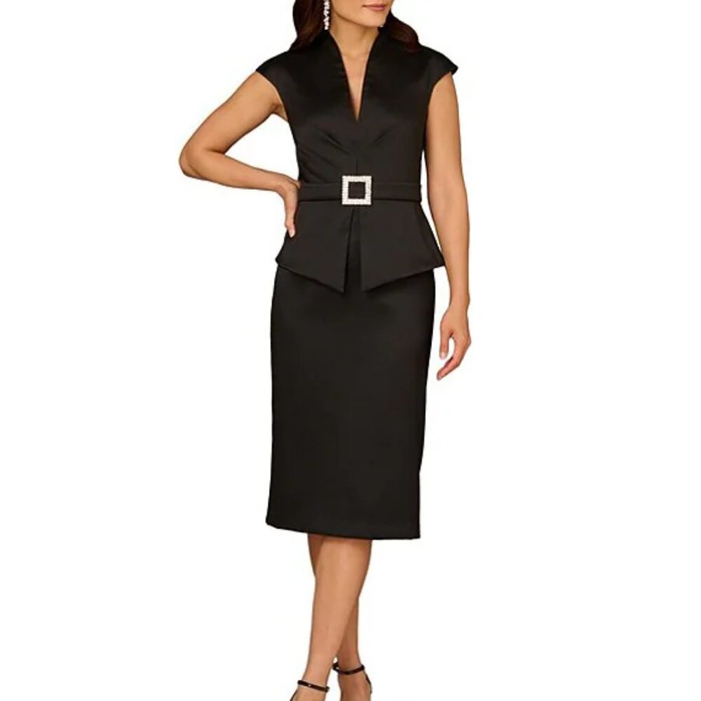 NWT!! Aidan Mattox Midi Dress Mikado Rhinestone Buckle V-Neck Cap Sleeve - 10